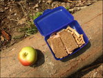 Bild - Pausensnack: Brot, Apfel und Hundekekse